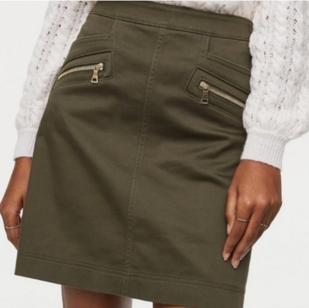 LOFT Petite Olive Green Mini Skirt with Gold Zipper Details